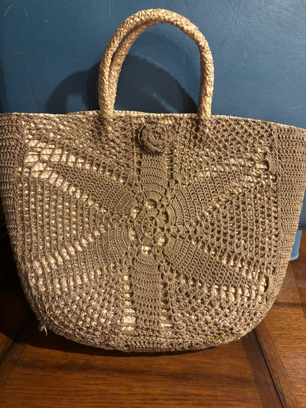Coldwater Creek Gold Wicker Handbag Straw Crocheted Beach Bag Tote Double handle - Picture 7 of 7
